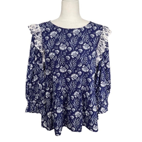 NWT Universal Thread Blue Floral 3/4 Puff Sleeve Peplum Boho Style Top Size L - Picture 3 of 14